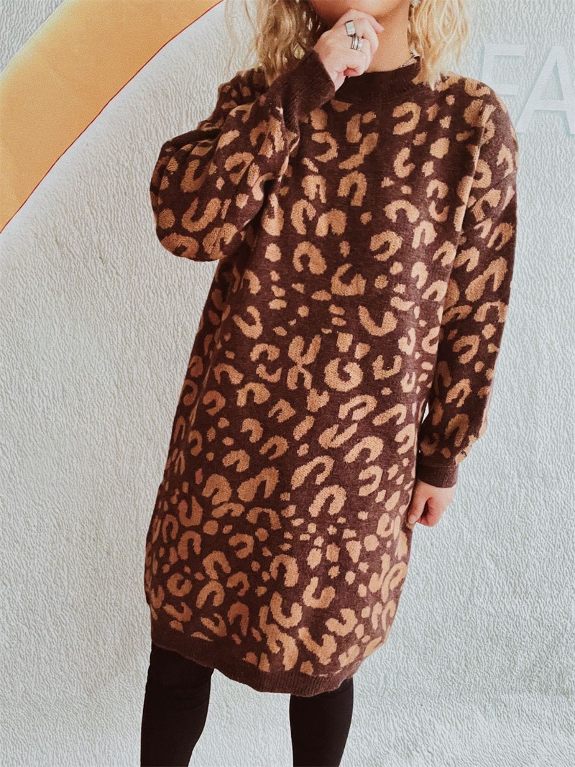 Leopard Round Neck Long Sleeve Sweater - Trendsi