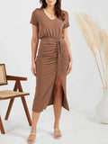 Ruched Slit V-Neck Short Sleeve Dress - Flyclothing LLC