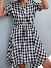 Plaid Notched Short Sleeve Dress Trendsi