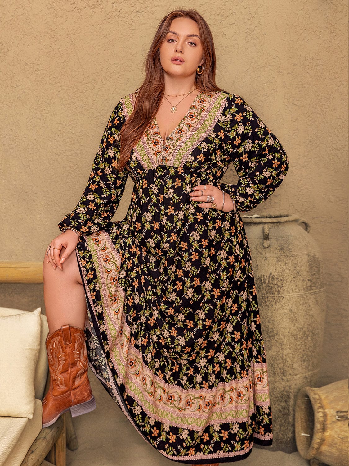 Plus Size Floral V-Neck Balloon Sleeve Dress - Trendsi