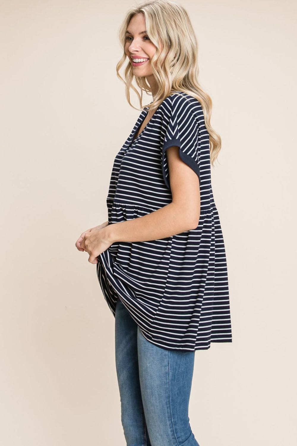 Cotton Bleu by Nu Label Striped Button Front Baby Doll Top - Trendsi