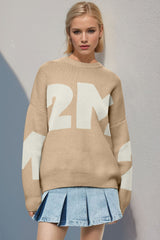 Basic Bae Contrast Letter Round Neck Long Sleeve Sweater - Trendsi