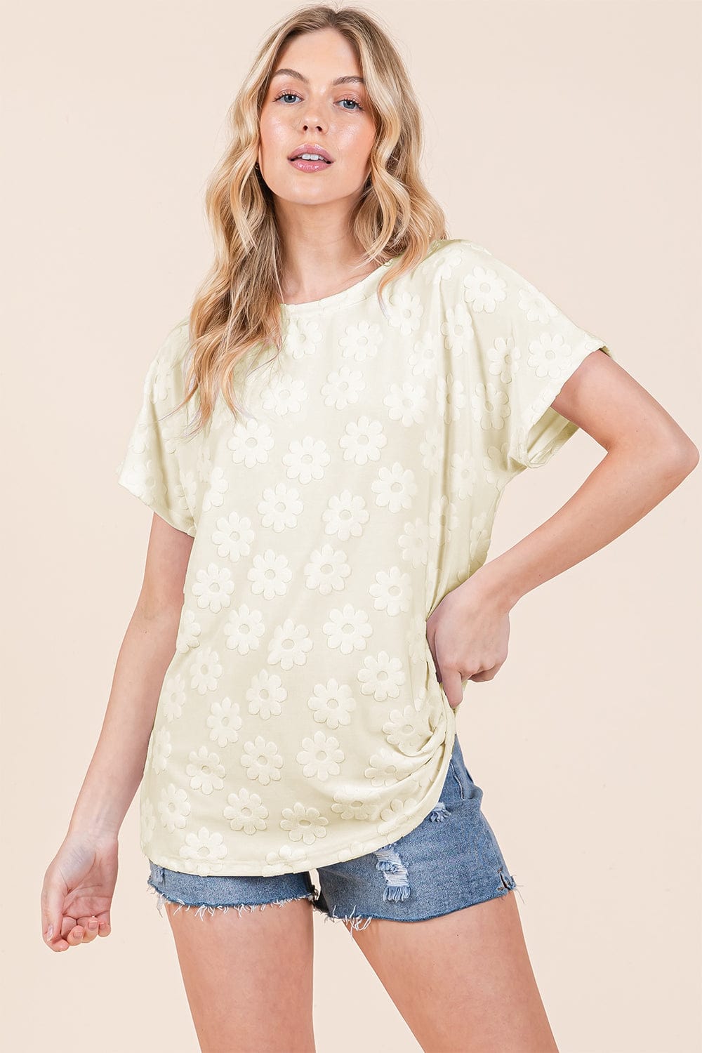 BOMBOM Textured Floral Pattern Short Sleeve T-Shirt - Trendsi