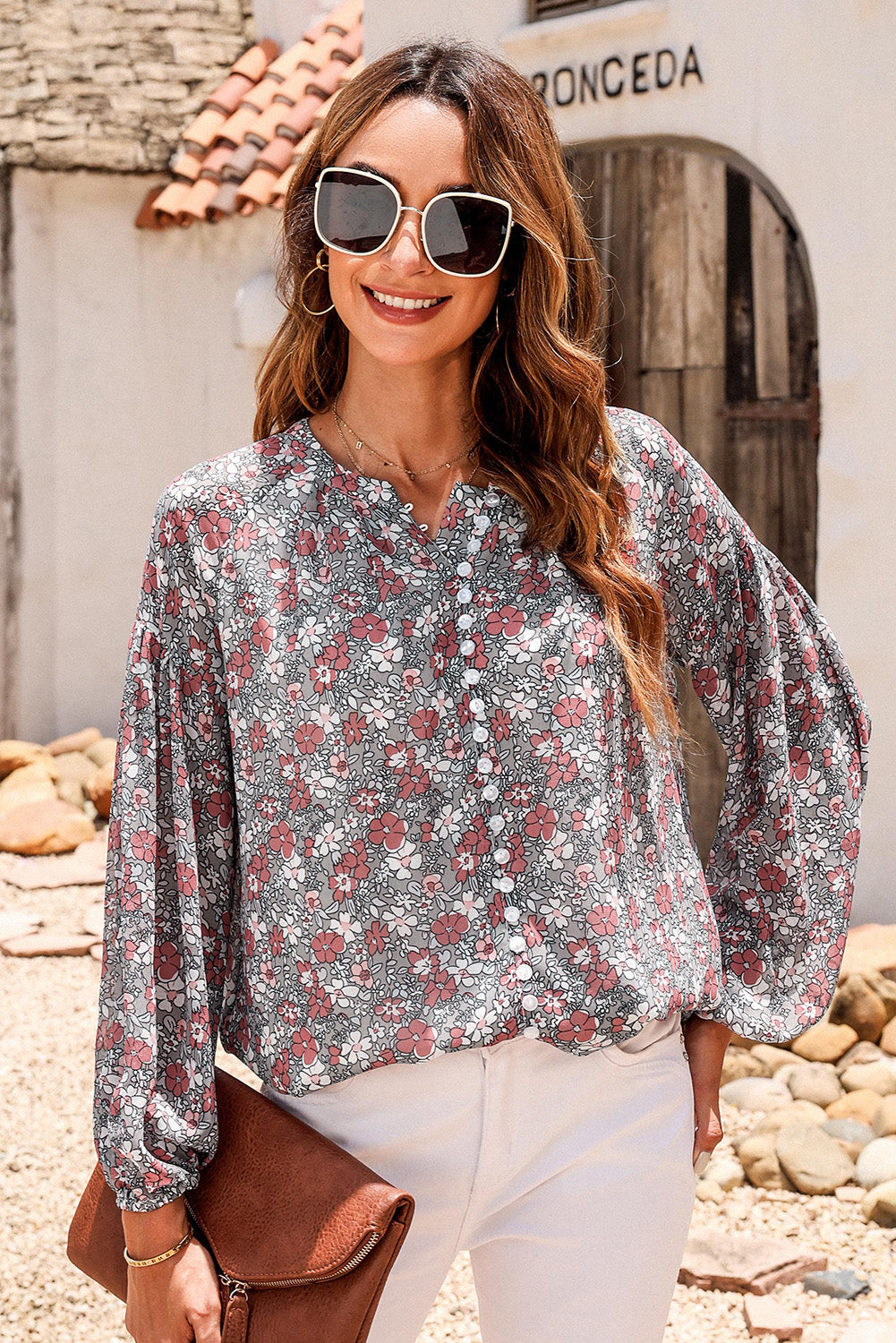 Printed Notched Balloon Sleeve Blouse - Flyclothing LLC