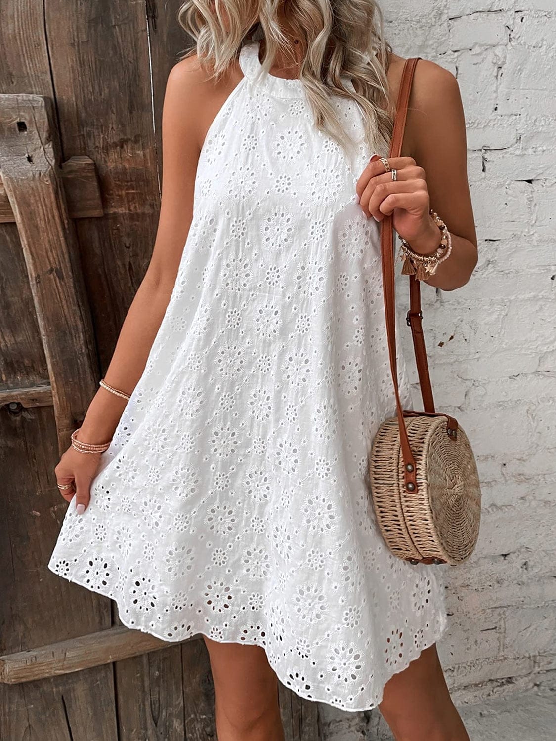 Eyelet Grecian Neck Mini Dress - Trendsi