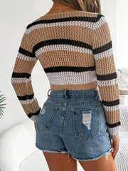 Tied Openwork Long Sleeve Knit Top Trendsi