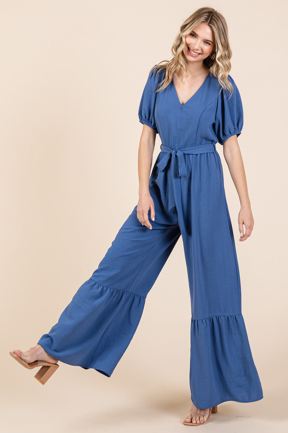 GeeGee Full Size V-Neck Belted Wide Leg Jumpsuit - Flyclothing LLC