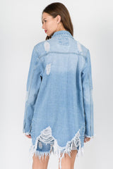 American Bazi Distressed Frayed Hem Denim Jacket - Trendsi