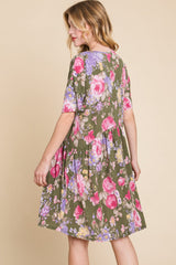 BOMBOM Flower Print V-Neck Ruched Dress - Trendsi