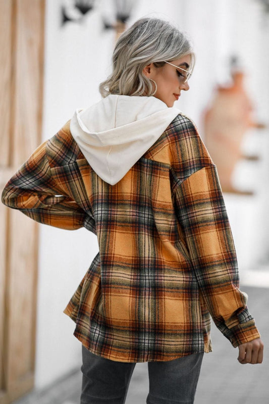 Drawstring Plaid Long Sleeve Hooded Shacket - Trendsi