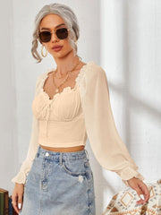 Mesh Sweetheart Neck Flounce Sleeve Top - Trendsi