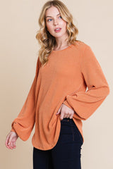 BOMBOM Long Sleeve Curved Hem Ribbed T-Shirt - Trendsi