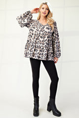 Celeste Full Size Leopard V-Neck Balloon Sleeve Blouse - Trendsi