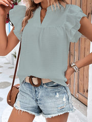 Ruffled Notched Cap Sleeve Blouse - Flyclothing LLC