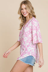 BOMBOM Floral Decorative Button V-Neck Top - Trendsi