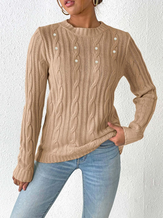 Cable-Knit Round Neck Long Sleeve Sweater - Trendsi