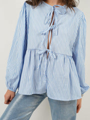 Tied Round Neck Long Sleeve Blouse - Trendsi