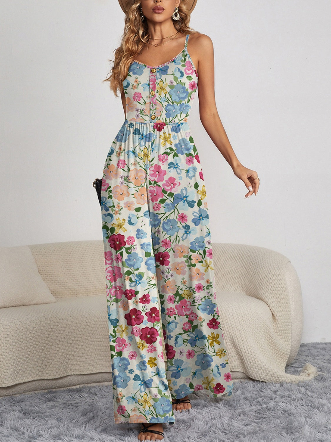 Decorative Button Spaghetti Strap Wide Leg Jumpsuit - Flyclothing LLC