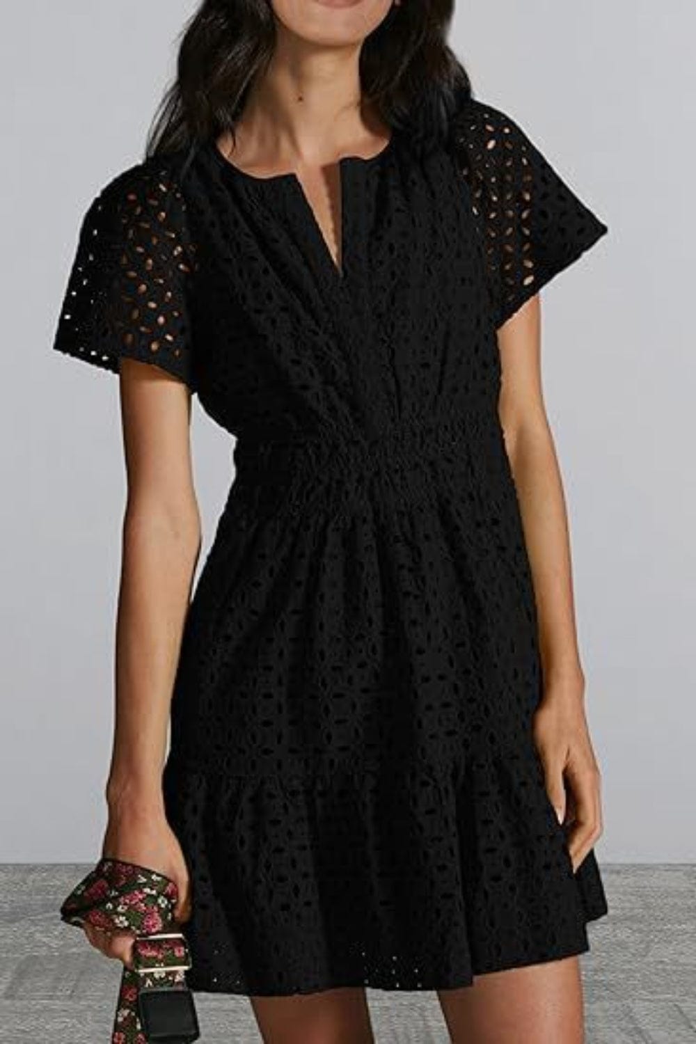 Eyelet Notched Short Sleeve Mini Dress - Trendsi