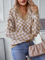 Checkered V-Neck Dropped Shoulder Sweater - Trendsi