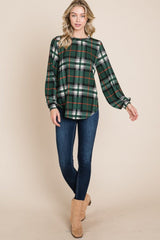 BOMBOM Curved Hem Plaid Round Neck Long Sleeve Top - Trendsi