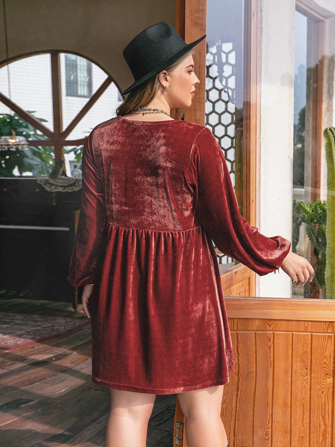 Plus Size Lace Detail V-Neck Long Sleeve Mini Dress - Trendsi