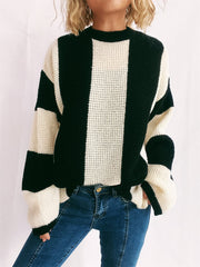 Color Block Round Neck Long Sleeve Sweater - Trendsi