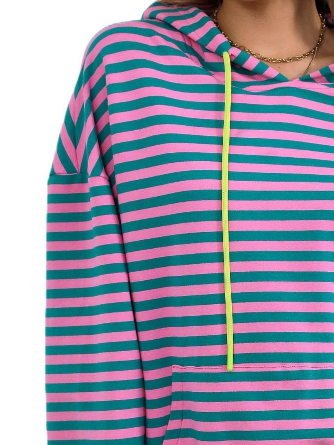 Drawstring Striped Long Sleeve Hoodie - Trendsi