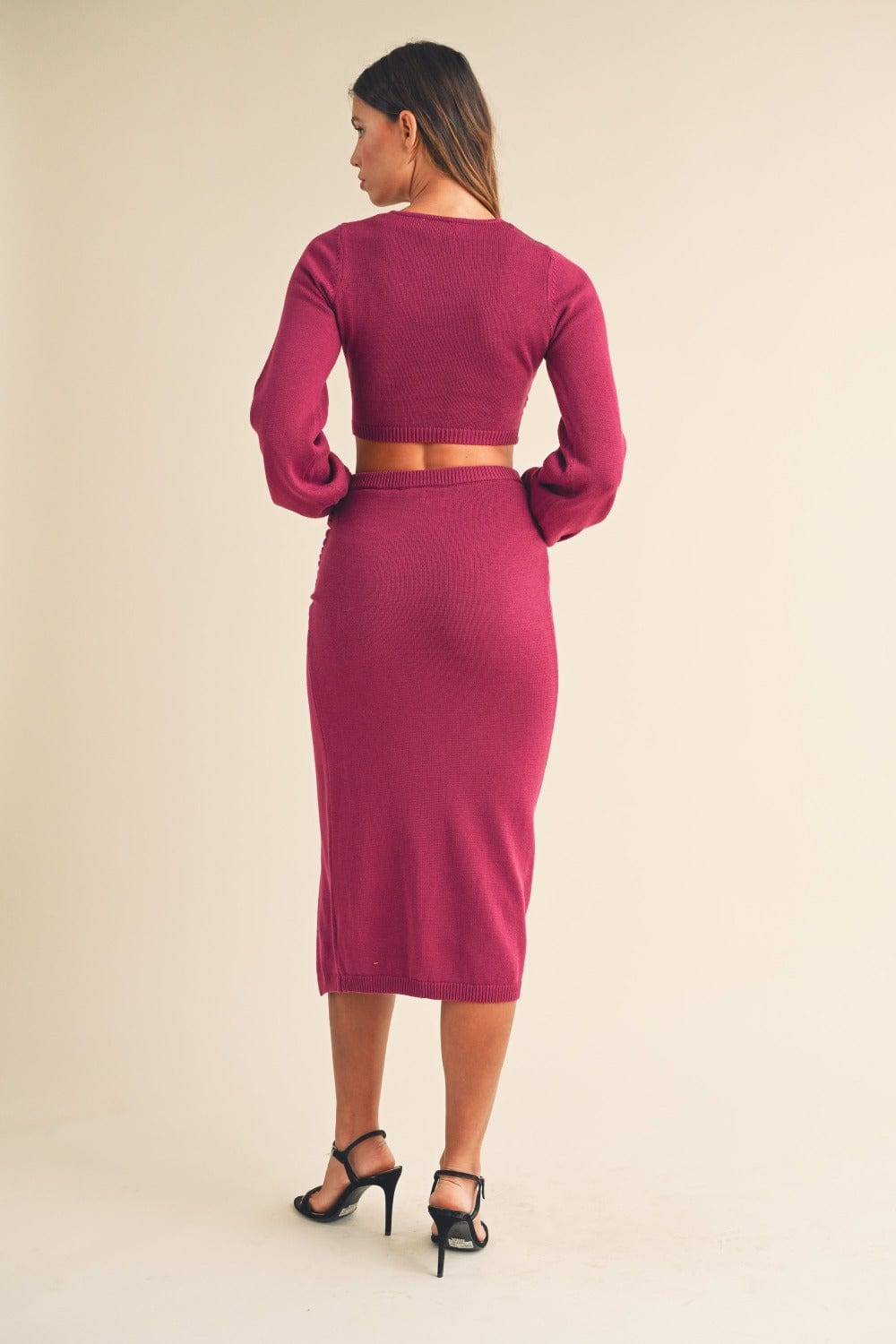 MABLE Front Twisted Knit Top and Midi Skirt Set - Trendsi