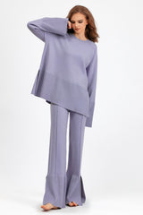 Basic Bae Slit Round Neck Long Sleeve Top and Drawstring Pants Sweater Set - Trendsi