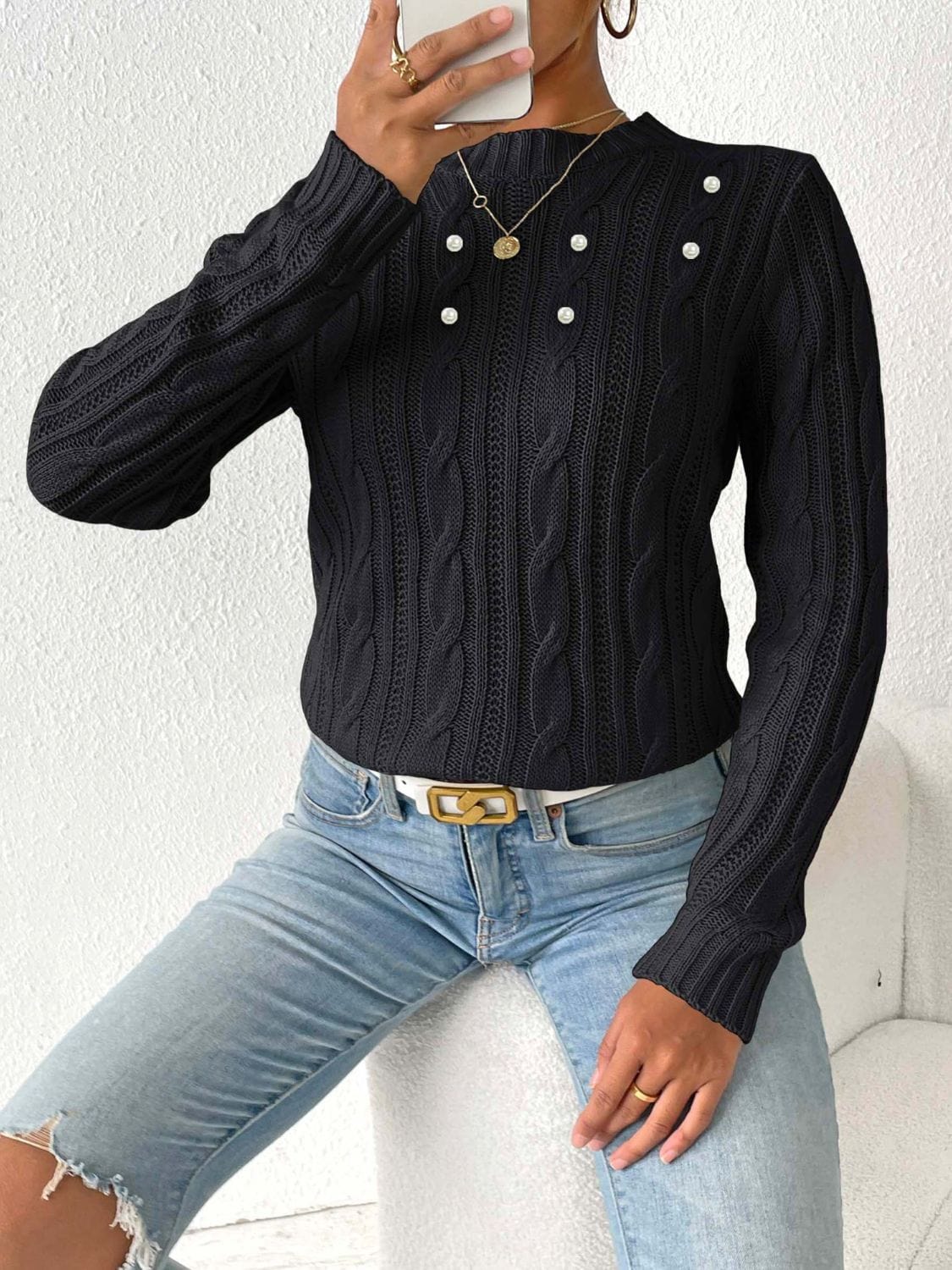 Cable-Knit Round Neck Long Sleeve Sweater - Trendsi