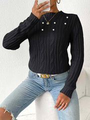 Cable-Knit Round Neck Long Sleeve Sweater - Trendsi