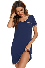 Contrast Trim Pocketed Round Neck Lounge Dress - Flyclothing LLC