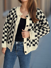 Checkered Button Up Round Neck Cardigan - Trendsi