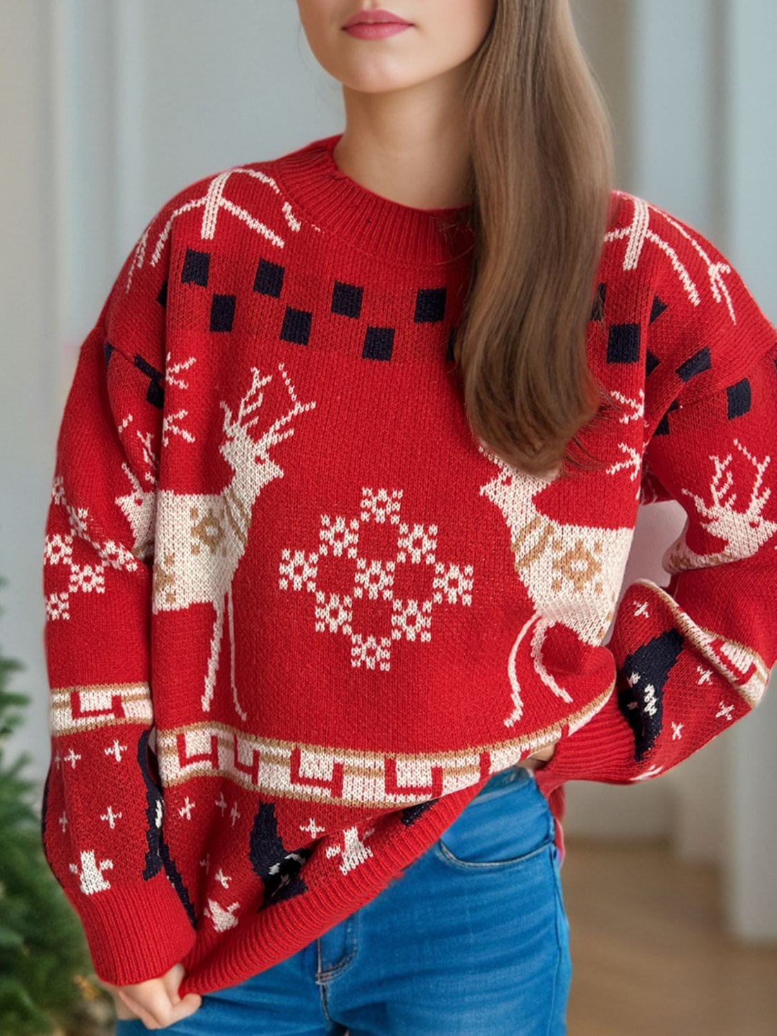 Christmas Element Round Neck Long Sleeve Sweater - Trendsi