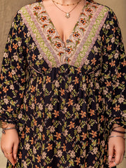 Plus Size Floral V-Neck Balloon Sleeve Dress - Trendsi