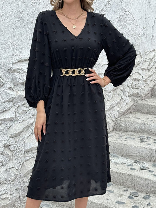 Full Size Swiss Dot V-Neck Long Sleeve Midi Dress - Trendsi