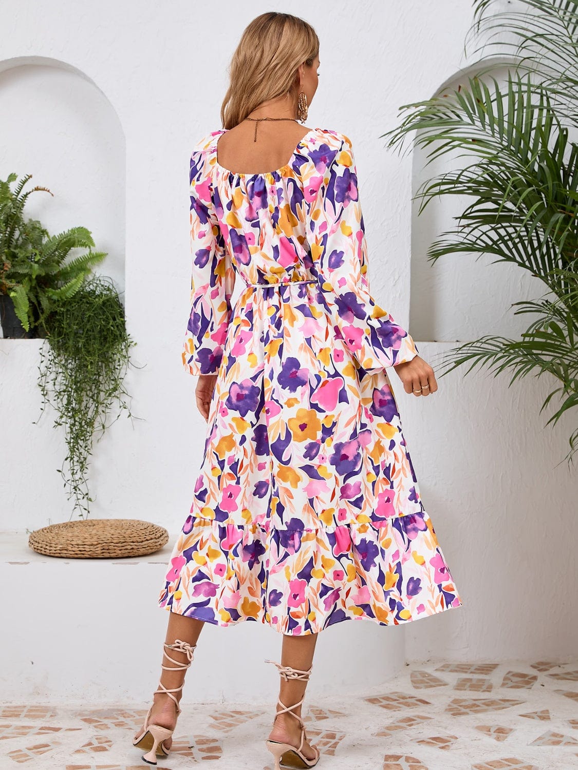 Printed Long Sleeve Midi Dress - Trendsi