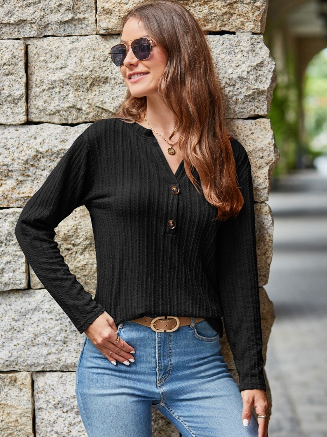 Mandy Notched Long Sleeve T-Shirt - Trendsi