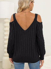 Cable-Knit Heart V-Neck Sweater - Trendsi