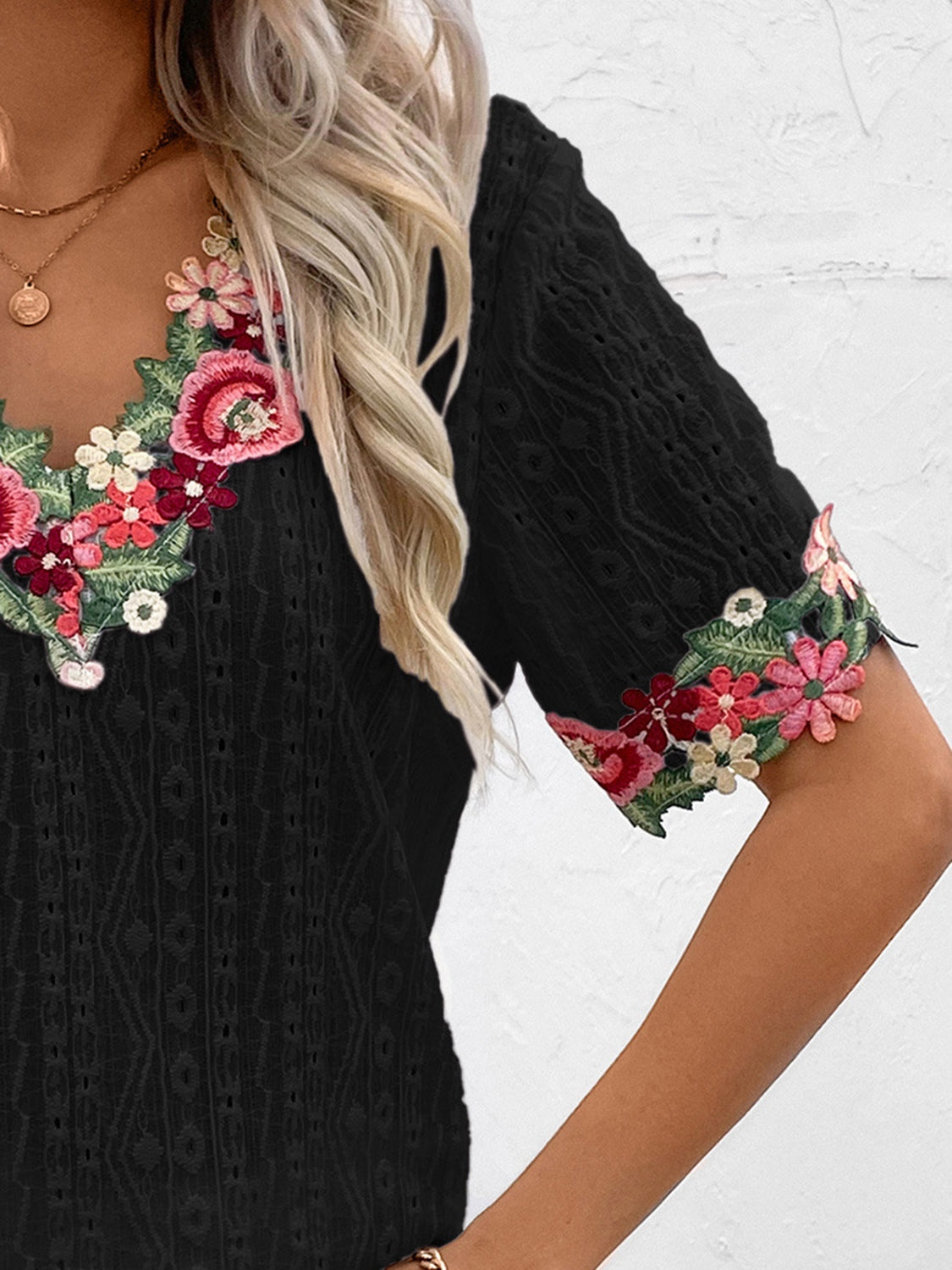 Eyelet Embroidered V-Neck Short Sleeve Blouse Trendsi