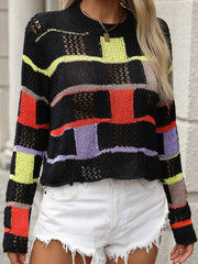 Openwork Color Block Round Neck Sweater