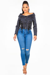 American Bazi Off Shoulder Lace Up Denim Jacket - Trendsi