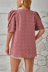 Swiss Dot Round Neck Short Sleeve Blouse Trendsi