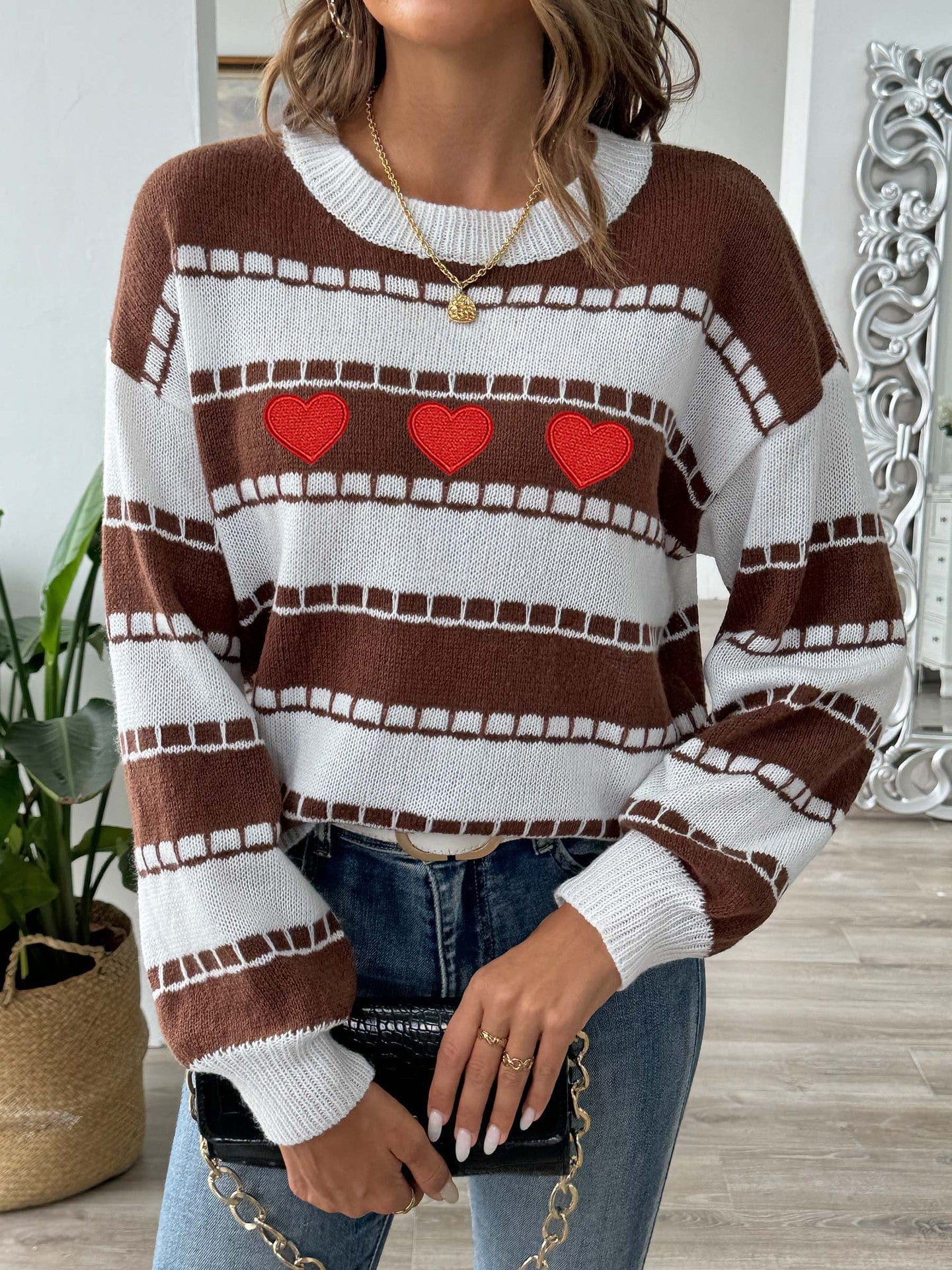 Heart Round Neck Long Sleeve Sweater - Trendsi