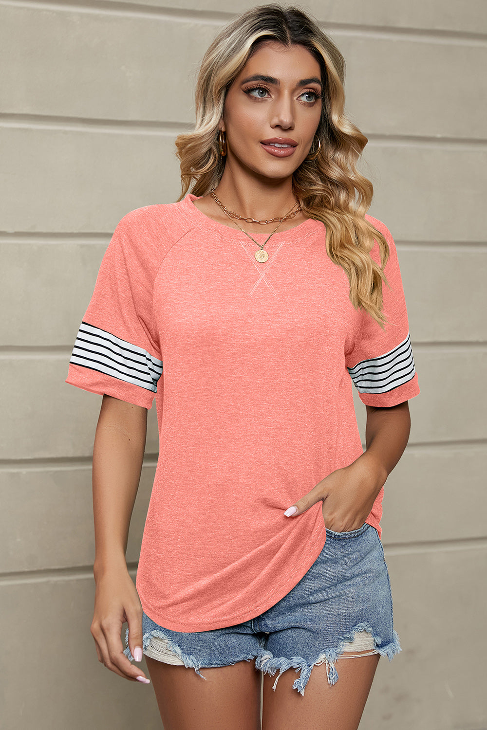 Striped Round Neck Short Sleeve T-Shirt - Flyclothing LLC