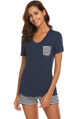 Striped Short Sleeve Top and Shorts Lounge Set - Flyclothing LLC