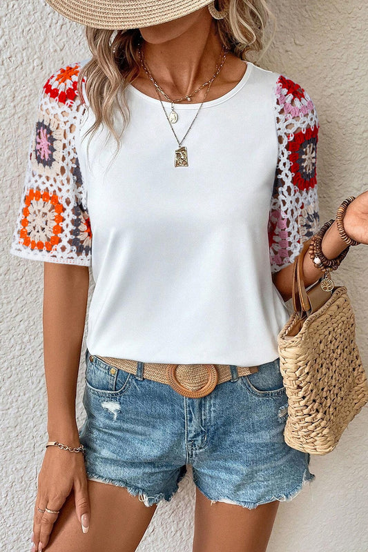 Geometric Round Neck Short Sleeve Blouse Trendsi