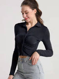 Ruched Button Up Long Sleeve T-Shirt - Flyclothing LLC