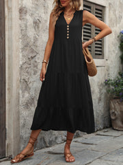 Decorative Button Notched Sleeveless Dress Trendsi